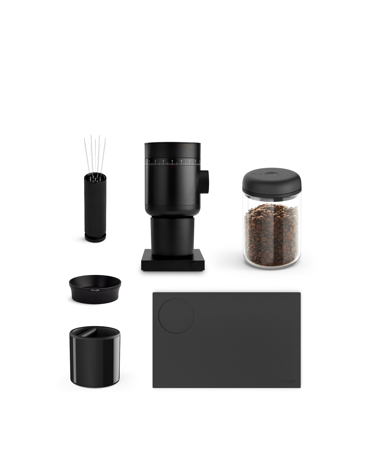 Fellow Opus 2 + Espresso Kit with accessories and beans arranged on a white background.