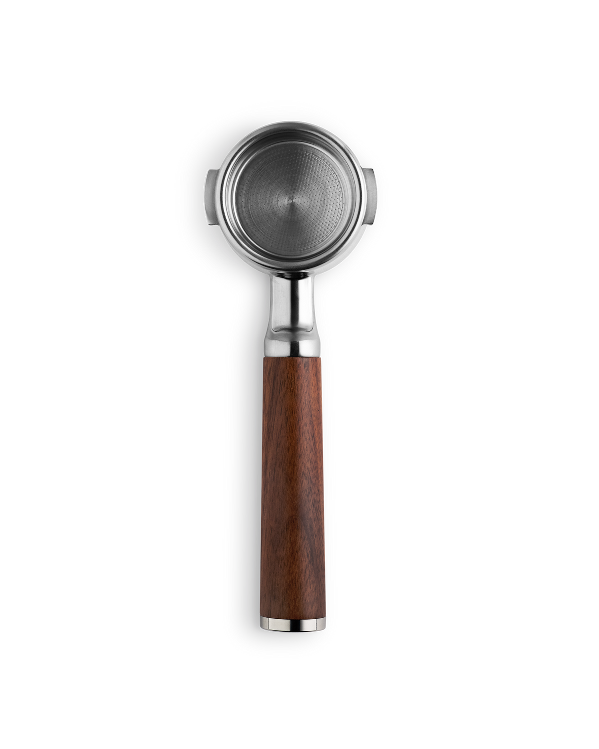 Fellow Espresso 58 mm Bottomless Portafilter in walnut, ideal for rich espresso shots.