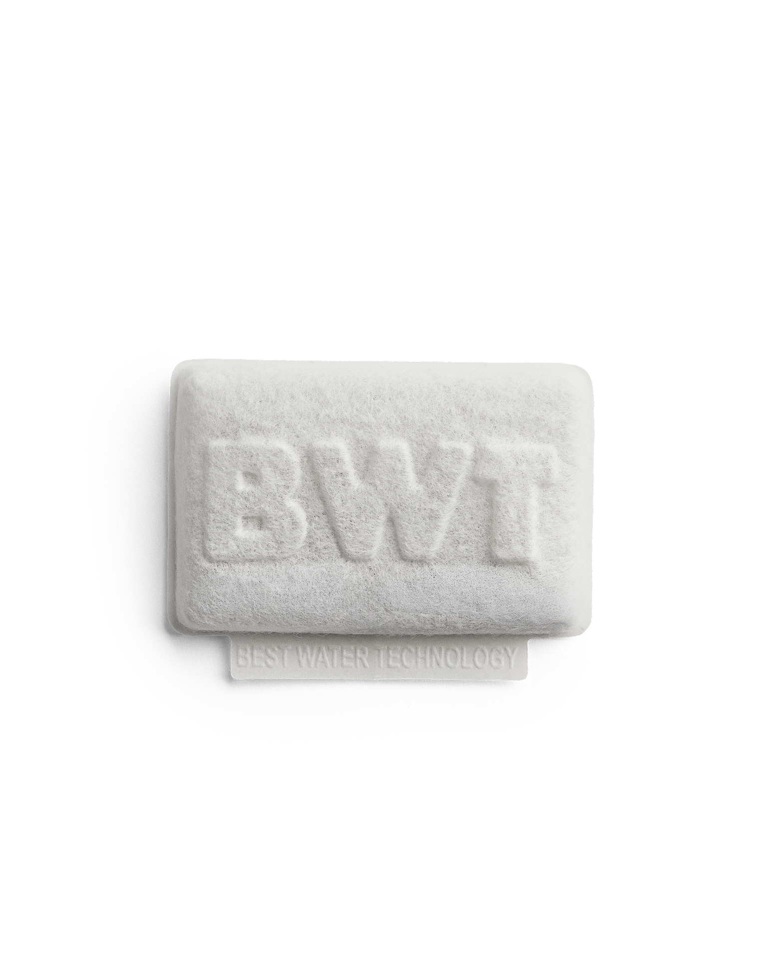 Fellow BWT Bestsave M white rectangular limescale pad with embossed BWT logo.