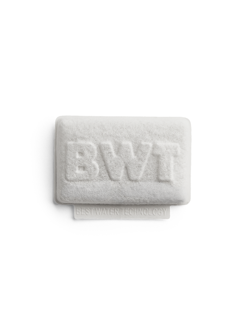 Fellow BWT Bestsave M white rectangular limescale pad with embossed BWT logo.