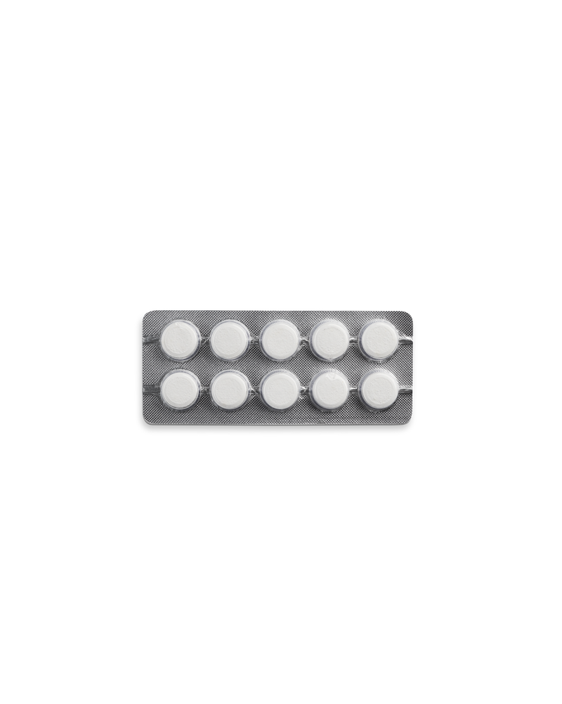 A blister pack of ten Fellow Series 1 Grouphead Cleaning Tablets on a white background.