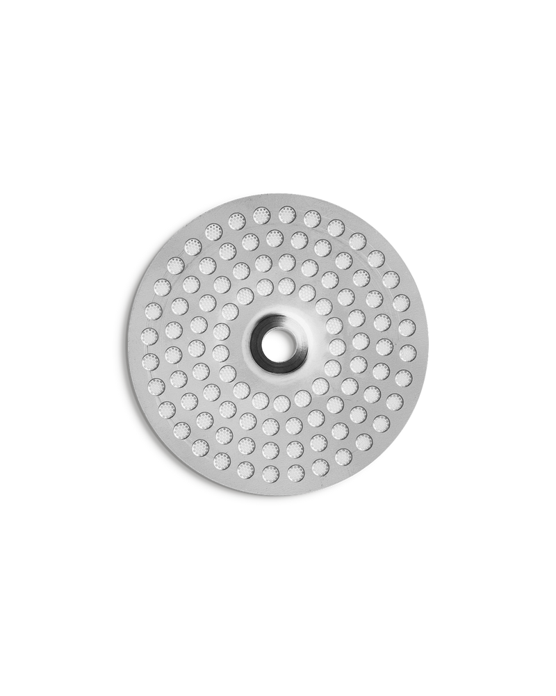 Fellow Espresso Series 1 round metal shower screen with evenly spaced holes, top view.