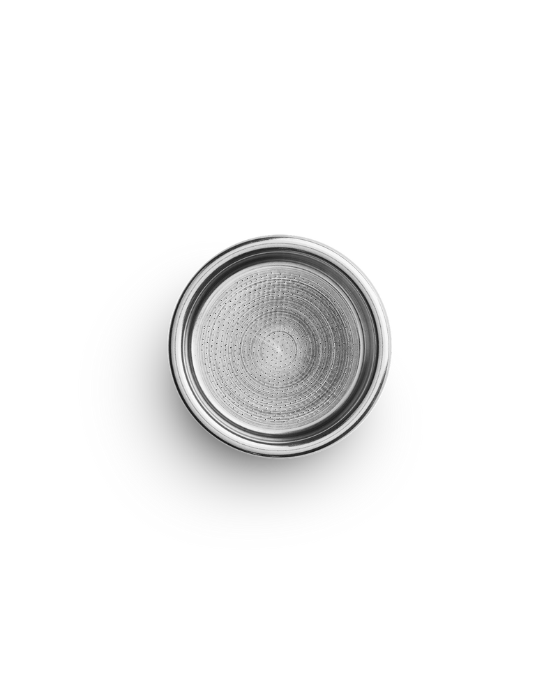 Top view of Fellow Series 1 18 g Double Shot Basket for 58 mm portafilters on white.