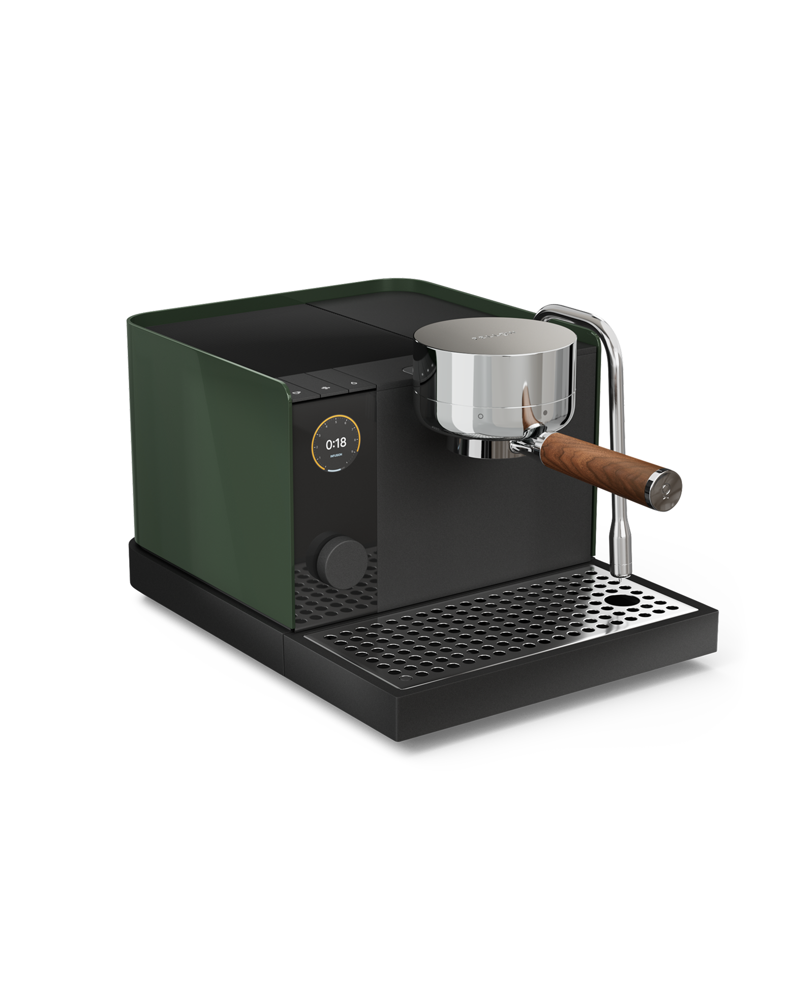 Fellow Espresso Series 1: green, digital display, pressure control, wood-handled portafilter.