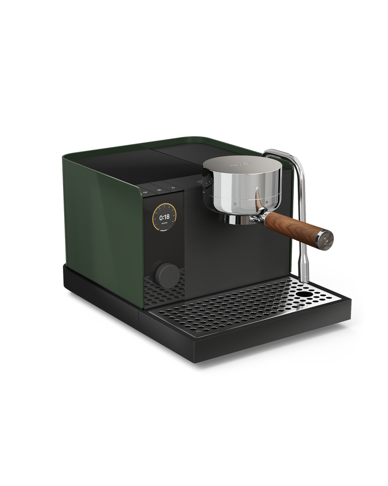 Fellow Espresso Series 1: green, digital display, pressure control, wood-handled portafilter.