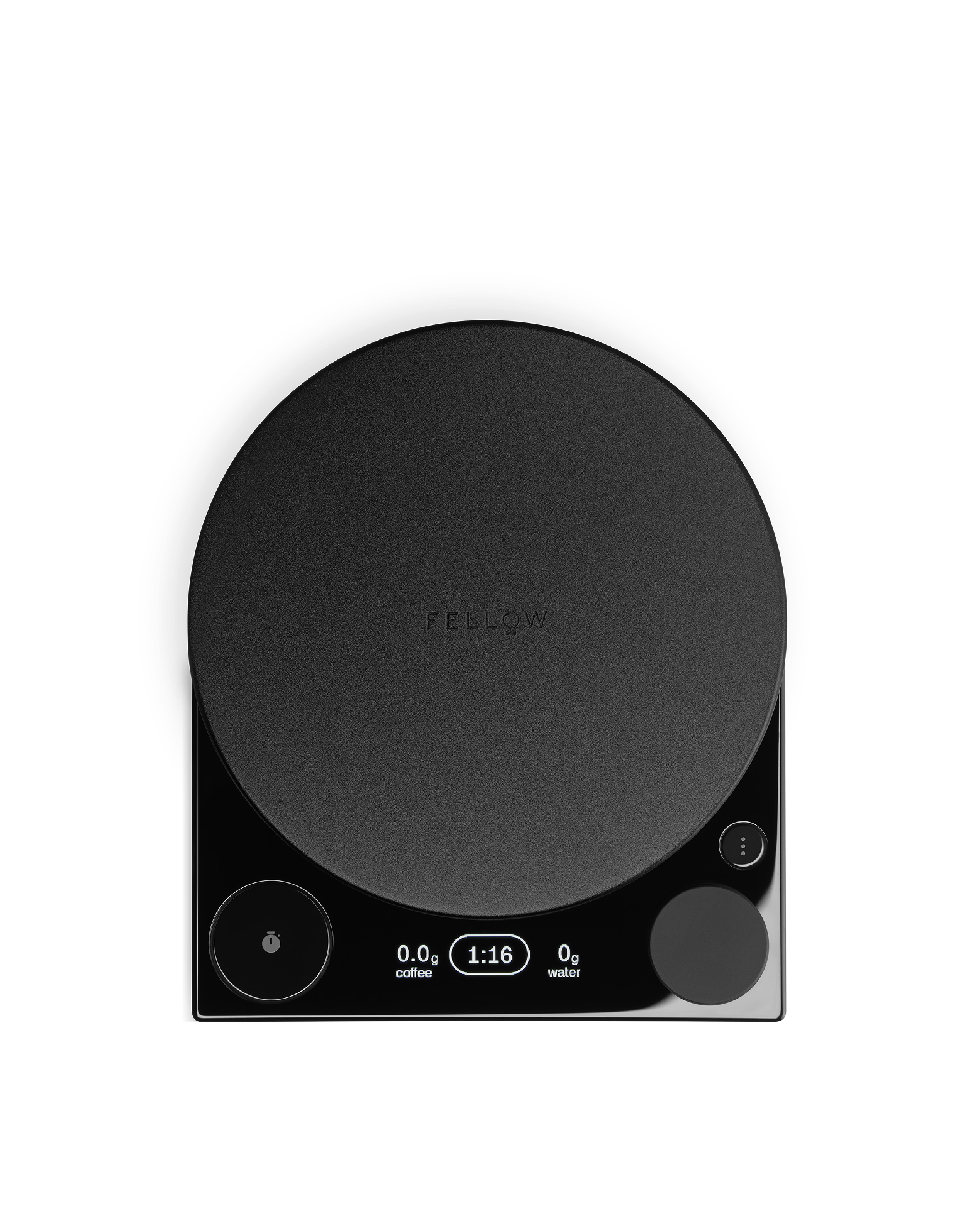 The Fellow Tally™ Pro Studio is a black coffee scale with a round platform and lit digital display.
