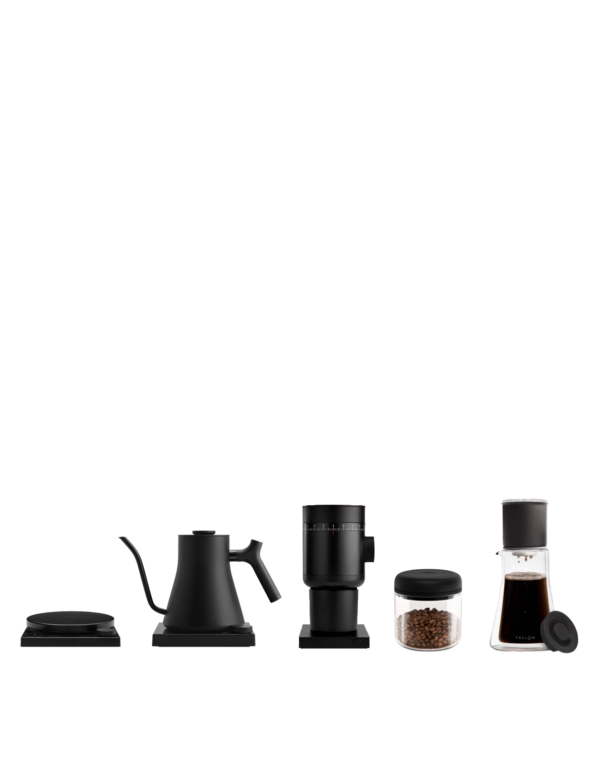 Five sleek Fellow brew bar tools and jars for perfect coffee, arranged in a row.