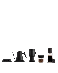 Five sleek Fellow brew bar tools and jars for perfect coffee, arranged in a row.