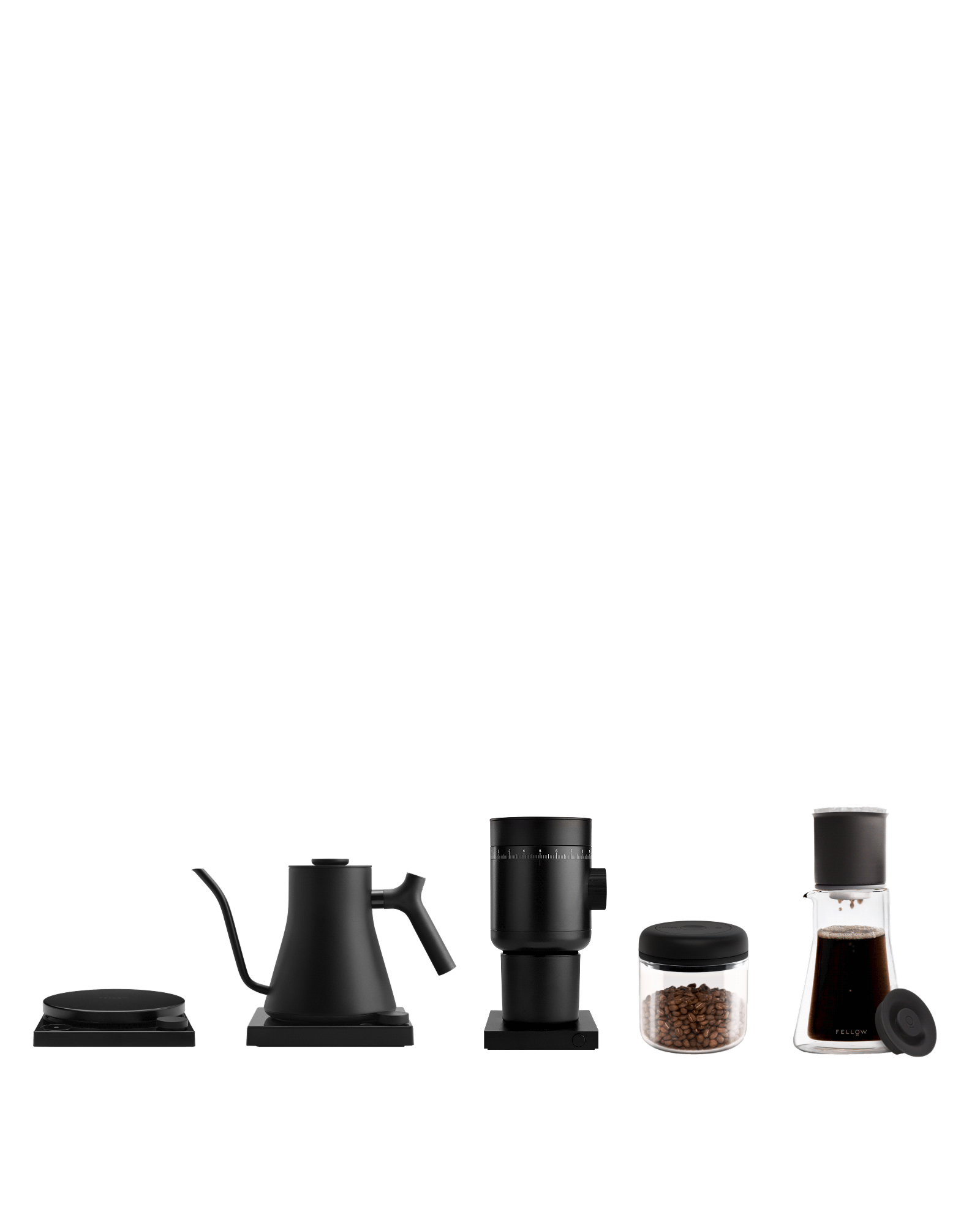 Five sleek Fellow brew bar tools and jars for perfect coffee, arranged in a row.