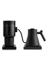 The Electric Kit by Fellow: sleek black grinder and kettle, perfect for home baristas.