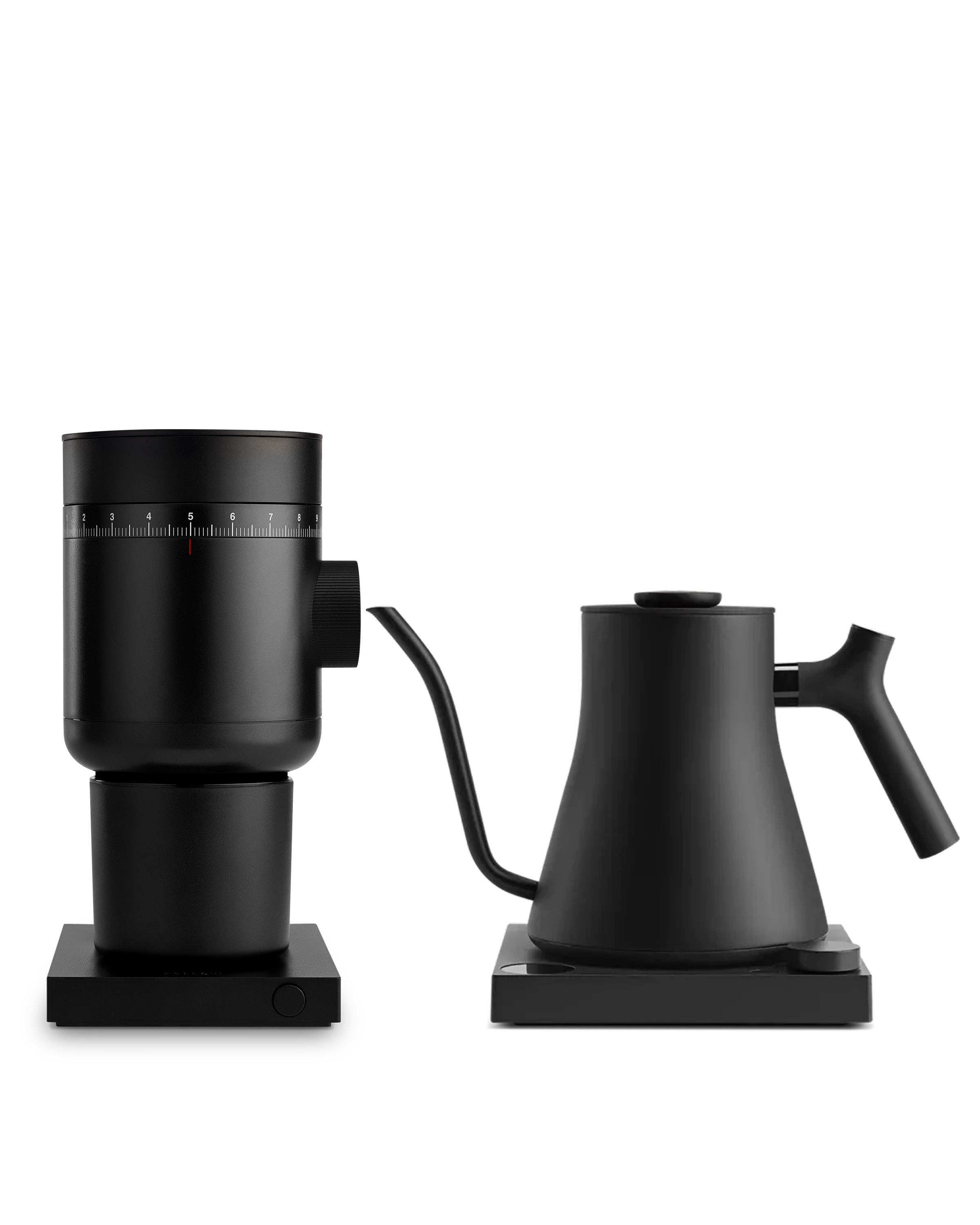The Electric Kit by Fellow: sleek black grinder and kettle, perfect for home baristas.