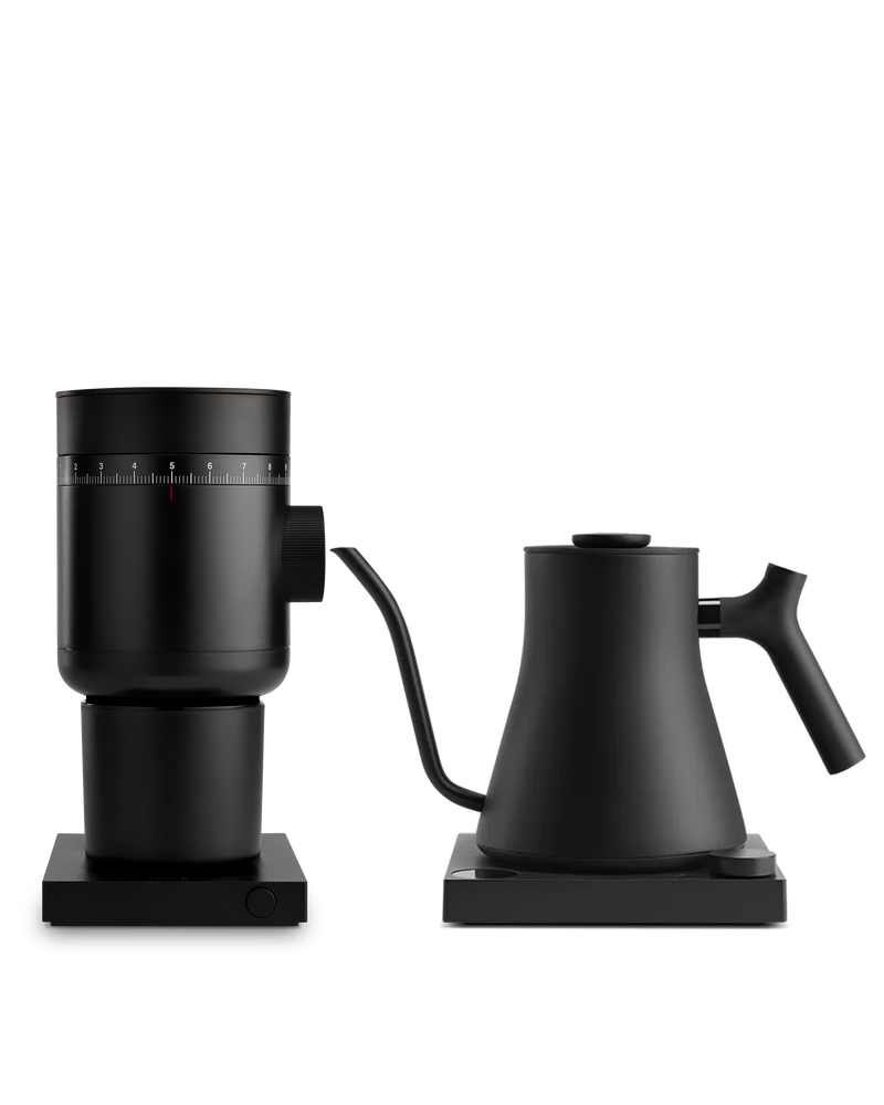 The Electric Kit by Fellow: sleek black grinder and kettle, perfect for home baristas.