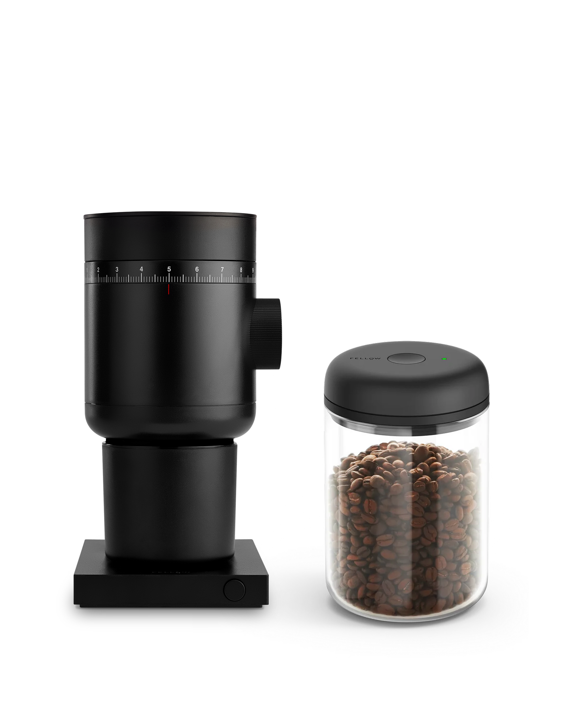Fellow Grind It Kit: black coffee grinder & airtight bean jar on a white background.